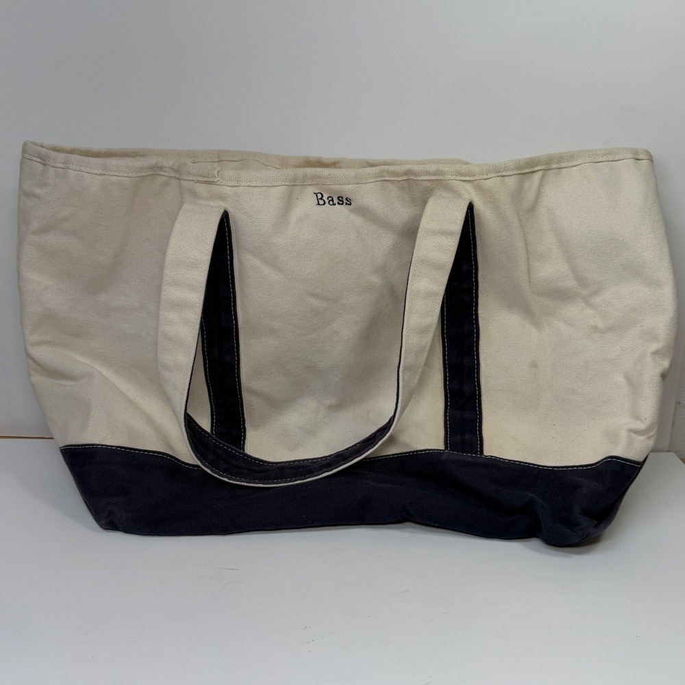 Vtg Bass Canvas Boat Tote XLrg Cream Navy Y2K Preppy Nautical Coastal Minimalist